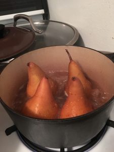 Poaching pears in leftover prosecco.